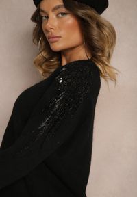 Renee - Czarny Sweter z Wełną Ozdobiony Cekinami Gebilae. Okazja: na co dzień. Kolor: czarny. Materiał: wełna. Długość rękawa: długi rękaw. Długość: długie. Wzór: aplikacja. Styl: elegancki, wizytowy, casual #3