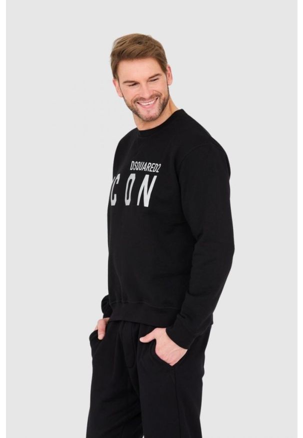 DSQUARED2 Czarna bluza męska z dużym srebrnym błyszczącym logo icon, Rozmiar XXL. Kolor: czarny