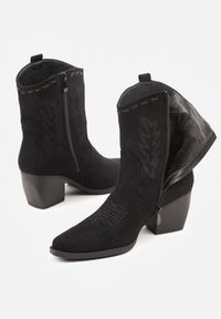 Born2be - Czarne Botki na Stożkowym Obcasie Typu Kowbojki z Haftem Falarosa. Okazja: na co dzień. Kolor: czarny. Wzór: haft. Obcas: na obcasie. Styl: casual, elegancki. Wysokość obcasa: średni #7