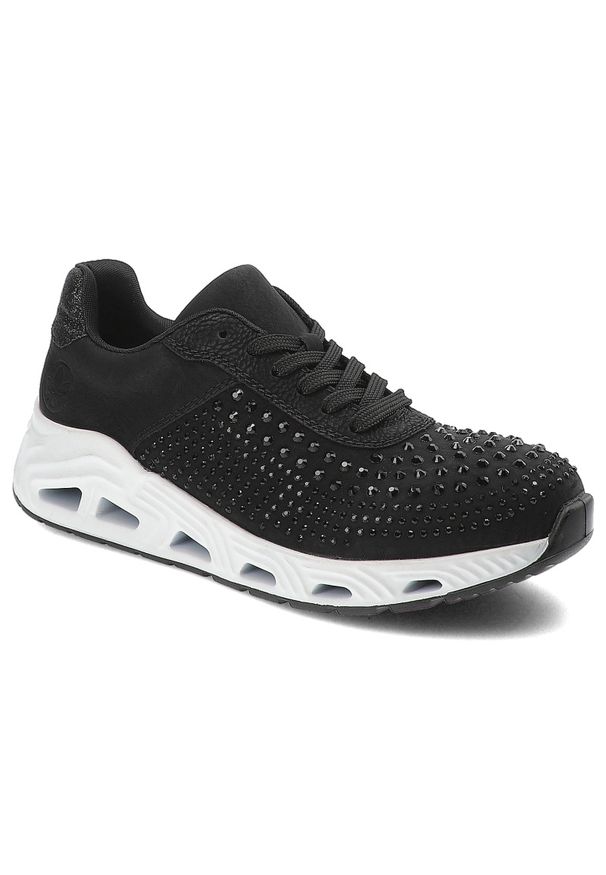 Czarne Sneakersy Rieker Stylowe Obuwie Damskie. Okazja: na co dzień. Kolor: czarny. Materiał: skóra ekologiczna. Wzór: aplikacja. Styl: elegancki
