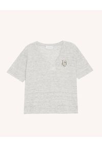 JENESEQUA - Szary lniany T-shirt Valette. Typ kołnierza: dekolt w serek. Kolor: szary. Materiał: len. Wzór: haft