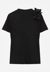 Renee - Czarny Bawełniany T-shirt o Klasycznym Kroju z Kwiatowymi Aplikacjami 3D Morgane. Okazja: do pracy. Kolor: czarny. Materiał: bawełna. Wzór: aplikacja, kwiaty. Styl: klasyczny #6