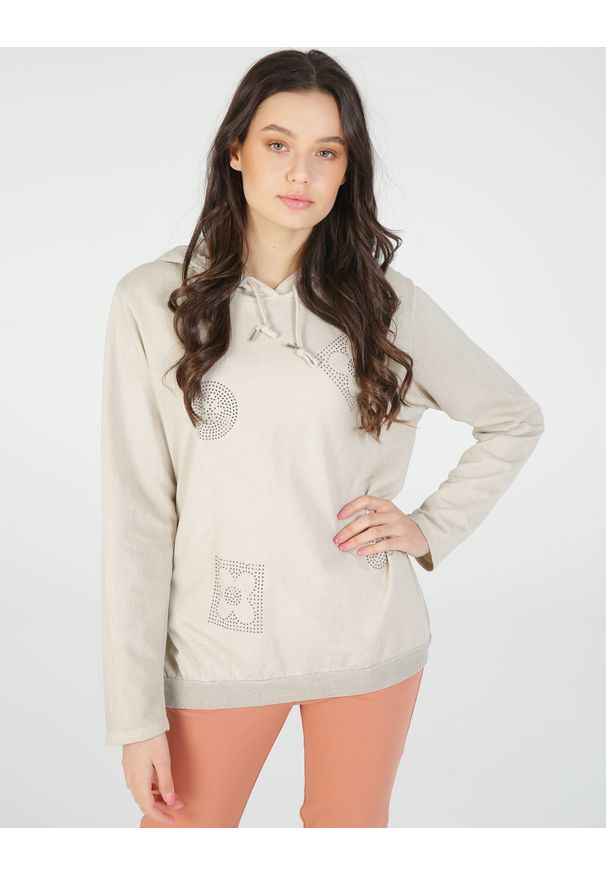 Unisono - BLUZA Z APLIKACJĄ 102-12605 BEIGE. Materiał: elastan, bawełna. Wzór: aplikacja