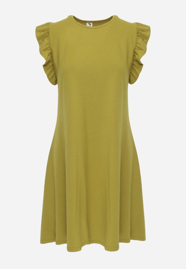 Renee - Ciemnozielona Trapezowa Sukienka z Elastycznej Bawełny z Falbankami Przy Ramionach Aleradia. Typ kołnierza: kołnierz z falbankami. Kolor: zielony. Materiał: bawełna. Długość rękawa: krótki rękaw. Wzór: aplikacja. Sezon: lato. Typ sukienki: trapezowe. Długość: mini