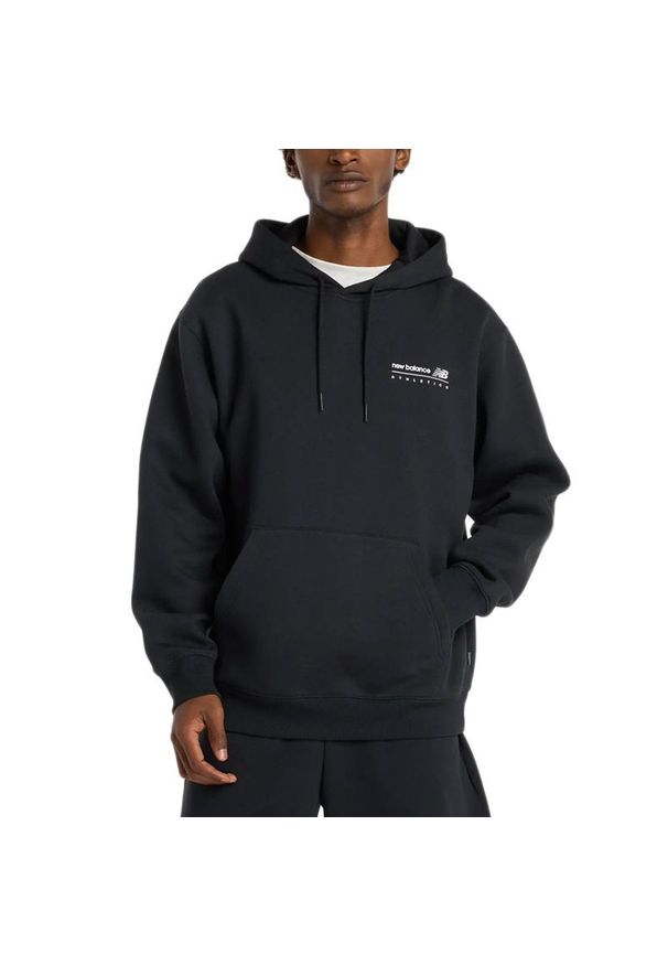 Bluza męska New Balance MT53528BK - czarna. Okazja: na co dzień. Typ kołnierza: kaptur. Kolor: czarny. Materiał: prążkowany, bawełna, poliester. Styl: casual