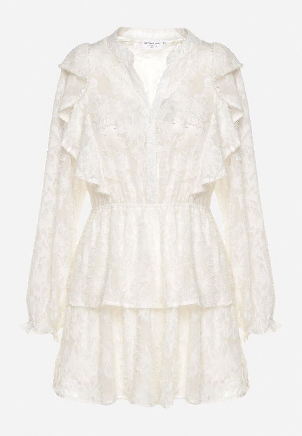 Born2be - Jasnobeżowa Rozkloszowana Sukienka Ozdobiona Falbankami z Gumką w Pasie Zinaviya. Okazja: na co dzień. Typ kołnierza: kołnierz z falbankami. Kolor: beżowy. Wzór: aplikacja. Typ sukienki: proste. Styl: elegancki, casual