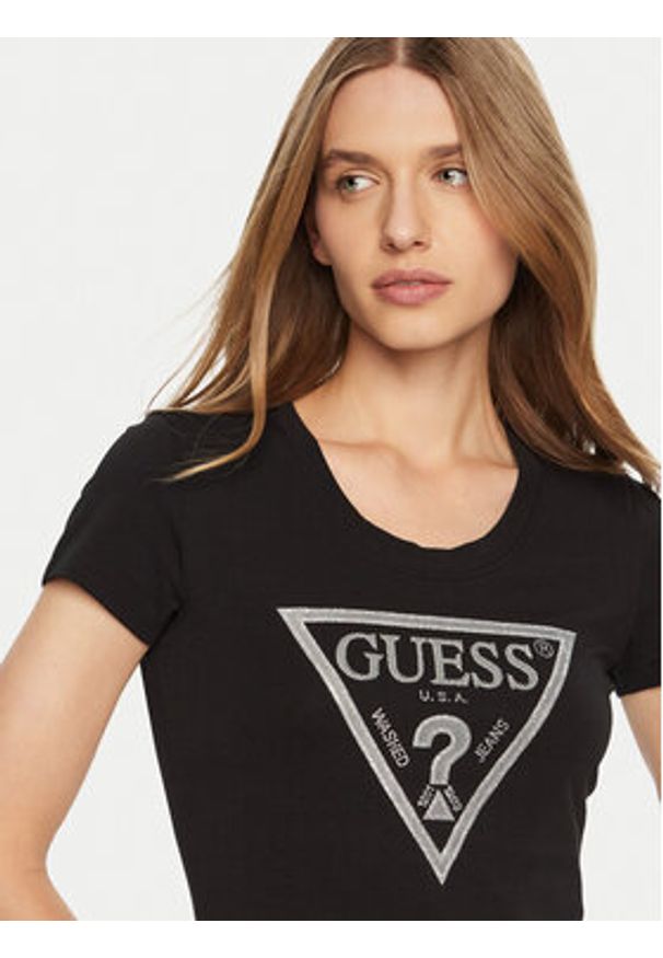 Guess T-Shirt SS CN SHINY TRIANGLE Czarny Shirt Fit. Kolor: czarny. Materiał: bawełna