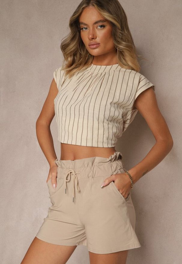 Renee - Beżowe Szorty z Bawełną High Waist z Ozdobnym Sznurkiem Axemia. Okazja: na co dzień, na spacer. Stan: podwyższony. Kolor: beżowy. Materiał: bawełna. Sezon: lato. Styl: sportowy, elegancki, casual
