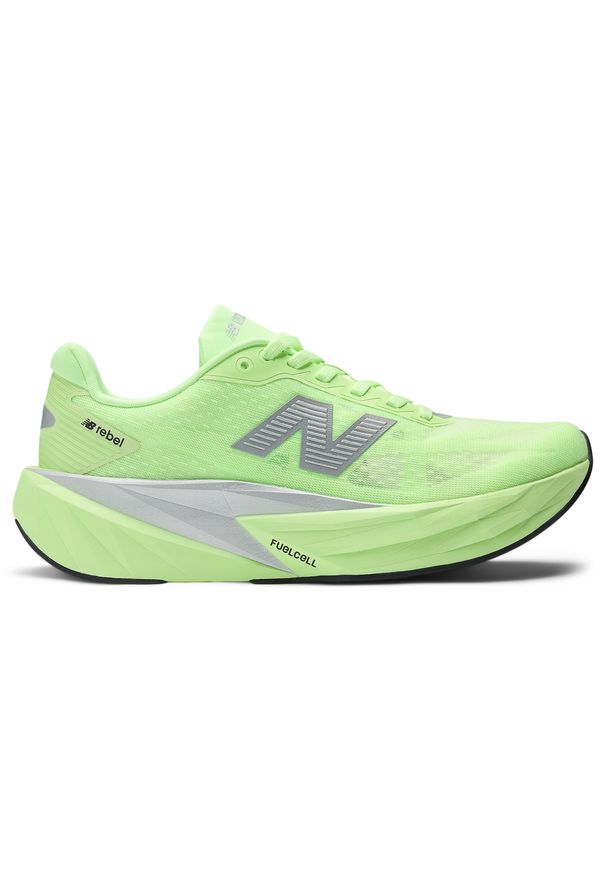 Buty damskie New Balance FuelCell Rebel v5 WFCXLZ5 – zielone. Kolor: zielony. Materiał: guma, materiał, syntetyk. Szerokość cholewki: normalna. Wzór: geometria. Sport: bieganie, fitness