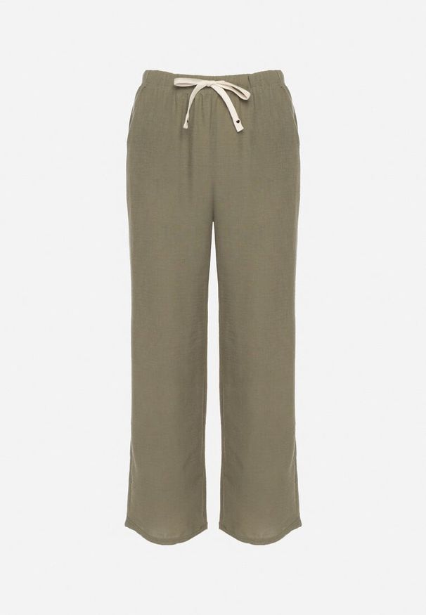 Born2be - Ciemnozielone Spodnie o Szerokim Kroju z Gumką i Wiązaniem w Talii Mirastra. Okazja: na spacer, na co dzień. Kolor: zielony. Styl: klasyczny, casual, elegancki, sportowy