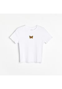 Reserved - Koszulka z prążkowanej dzianiny - Biały. Kolor: biały. Materiał: dzianina, prążkowany #1