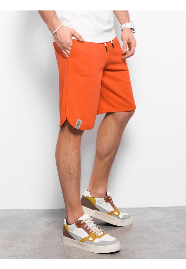 Ombre Clothing - Szorty męskie dresowe wykończone lamówka - pomarańczowe V5 - Rozmiar: M. Kolor: pomarańczowy. Materiał: dresówka. Wzór: ze splotem