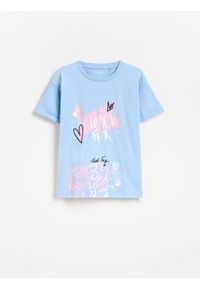 Reserved - T-shirt z nadrukiem - niebieski. Kolor: niebieski. Materiał: bawełna. Wzór: nadruk