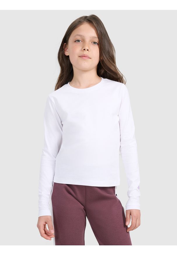 4f - 4F Longsleeve slim gładki dziewczęcy - biały 122 (6-7 lat). Okazja: na co dzień. Kolor: biały. Materiał: jersey, materiał, elastan, bawełna. Długość rękawa: długi rękaw. Długość: długie. Wzór: gładki. Sezon: lato. Styl: sportowy, klasyczny, casual
