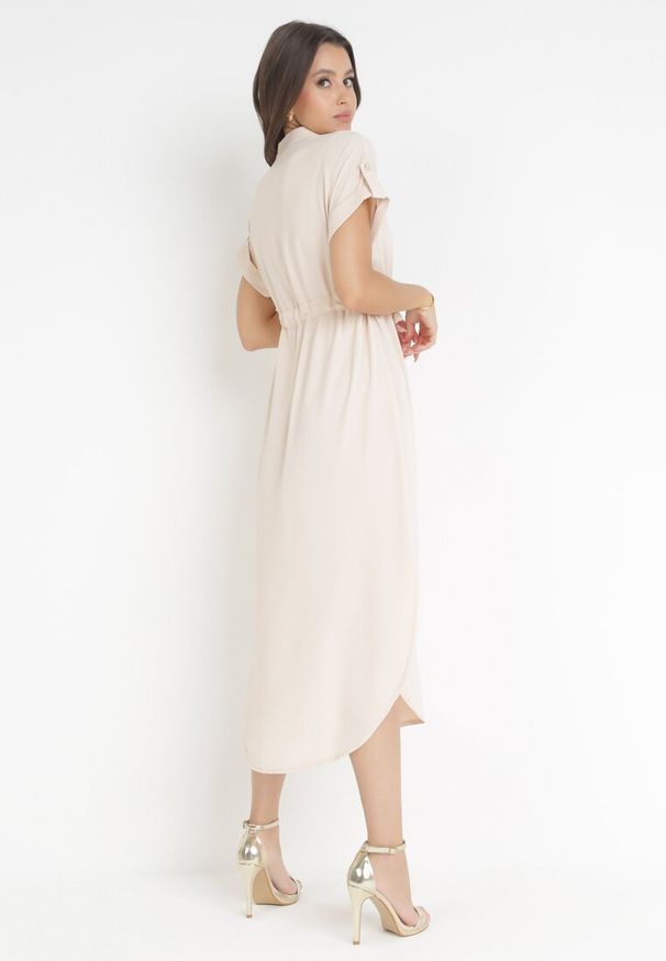 Born2be - Beżowa Koszulowa Sukienka z Wiązaniem w Pasie Maudelles. Kolor: beżowy. Typ sukienki: koszulowe