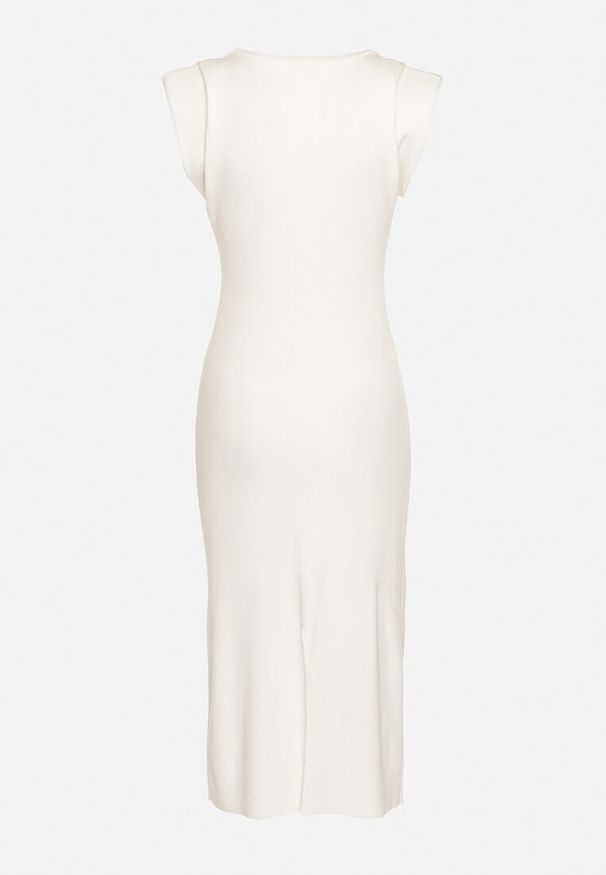 Born2be - Biała Sukienka Bodycon z Prążkowanej Dzianiny z Rozcięciem Roleria. Okazja: na co dzień. Kolor: biały. Materiał: dzianina, prążkowany. Długość rękawa: bez rękawów. Typ sukienki: bodycon. Styl: elegancki, casual