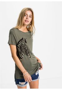 T-shirt z motywem zebry bonprix oliwkowy. Kolor: zielony. Długość: długie. Wzór: motyw zwierzęcy #5