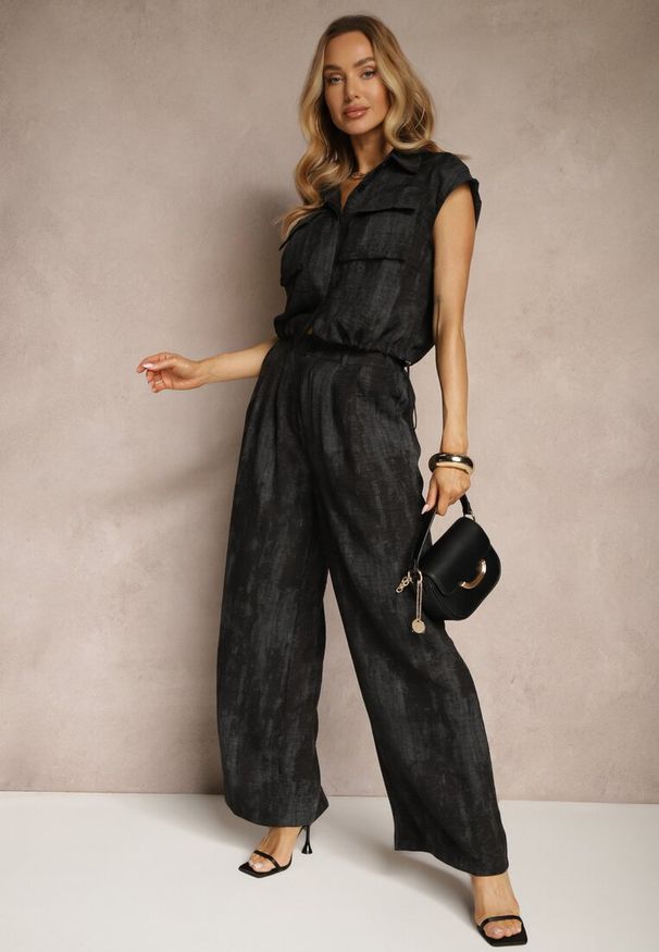 Renee - Czarny Komplet Spodnie o Szerokim Kroju i Koszula z Kieszeniami Greltebis. Kolor: czarny