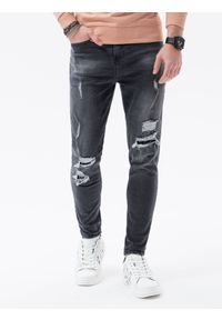 Ombre Clothing - Spodnie męskie jeansowe z dziurami SLIM FIT P1078 - czarne - XXL. Kolor: czarny. Materiał: jeans #3