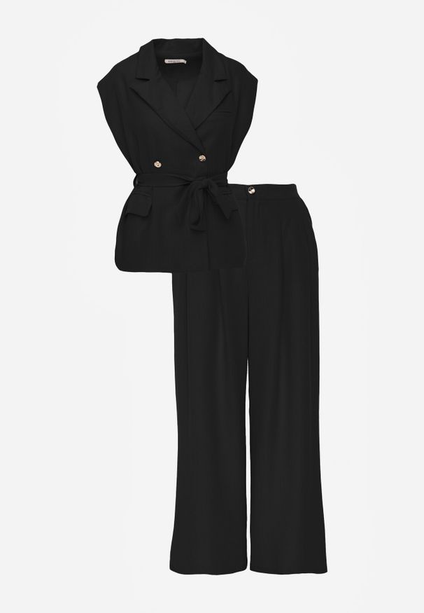 Born2be - Czarny Elegancki Komplet Garniturowy z Wiskozy Spodnie i Kamizelka z Paskiem Amwyn. Kolor: czarny. Materiał: wiskoza