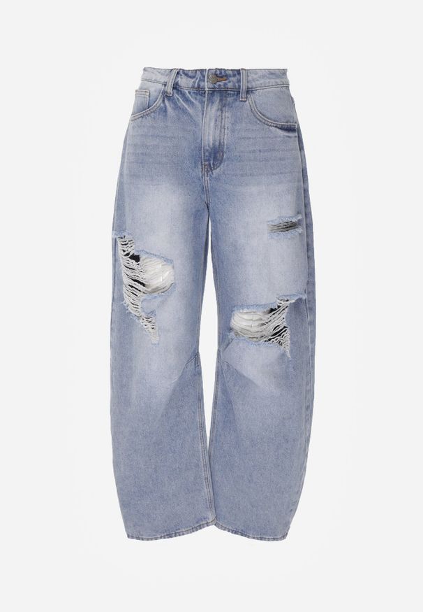 Born2be - Niebieskie Jeansy z Bawełny z Wiskozą o Kroju Ballloon z Wysokim Stanem i Dziurami Mon. Okazja: na co dzień. Stan: podwyższony. Kolor: niebieski. Styl: casual