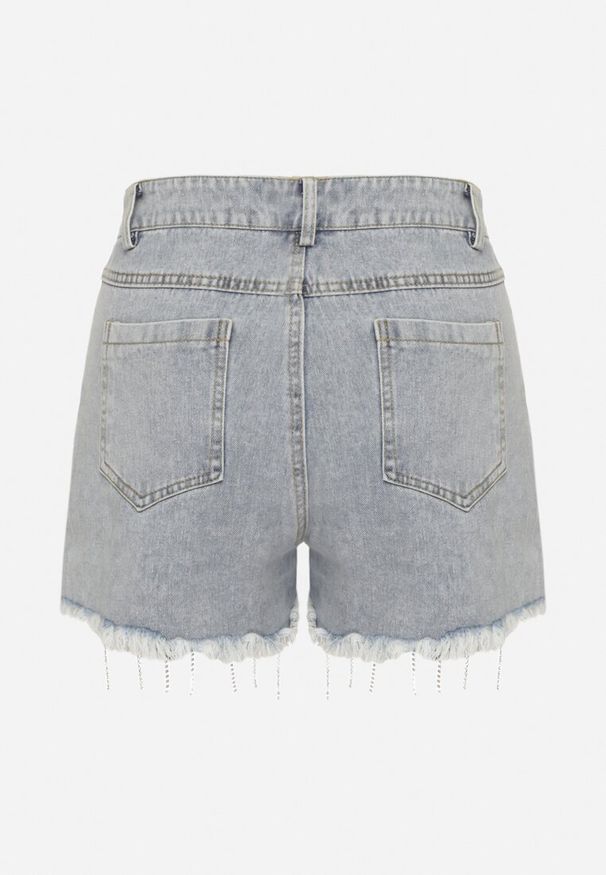 Born2be - Jasnoniebieskie Bawełniane Szorty Jeansowe z Wysokim Stanem i Cyrkoniami Noemelba. Okazja: na co dzień. Stan: podwyższony. Kolor: niebieski. Materiał: bawełna, jeans. Wzór: aplikacja. Styl: klasyczny, casual