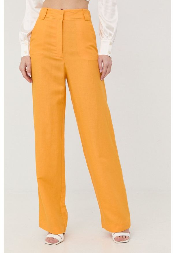 Patrizia Pepe spodnie lniane damskie kolor żółty szerokie high waist. Stan: podwyższony. Kolor: żółty. Materiał: len