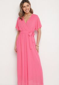 Born2be - Fuksjowa Brokatowa Sukienka Koktajlowa Ozdobiona Paskiem Ziliane. Okazja: na imprezę. Kolor: różowy. Wzór: aplikacja. Styl: wizytowy #6