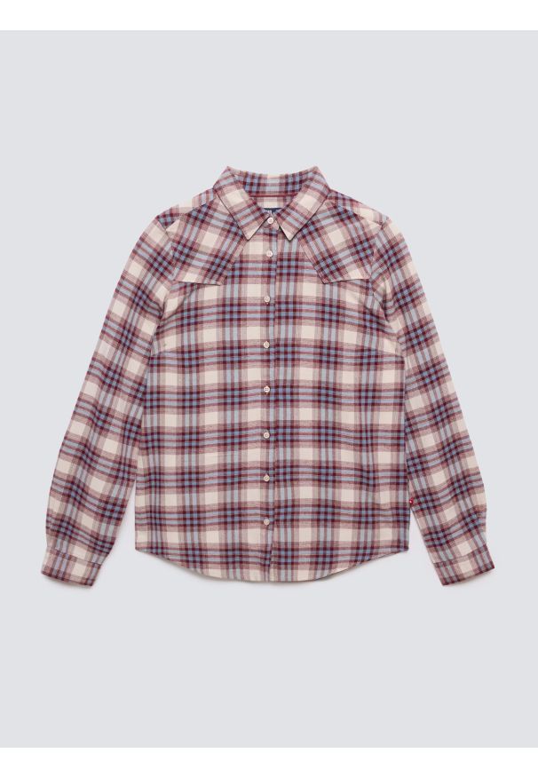 Big-Star - Koszula damska flanelowa z w kratę niebiesko-bordowa Dreni 401. Okazja: na co dzień. Typ kołnierza: kołnierzyk klasyczny. Kolor: niebieski. Materiał: tkanina, jeans. Styl: casual, klasyczny