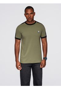Ombre Clothing - T-shirt męski z kontrastowymi lampasami – oliwkowy V4 - Rozmiar: XXL. Okazja: na co dzień. Kolor: oliwkowy. Materiał: materiał, jersey, poliester, bawełna. Wzór: melanż, aplikacja. Styl: klasyczny, sportowy, casual