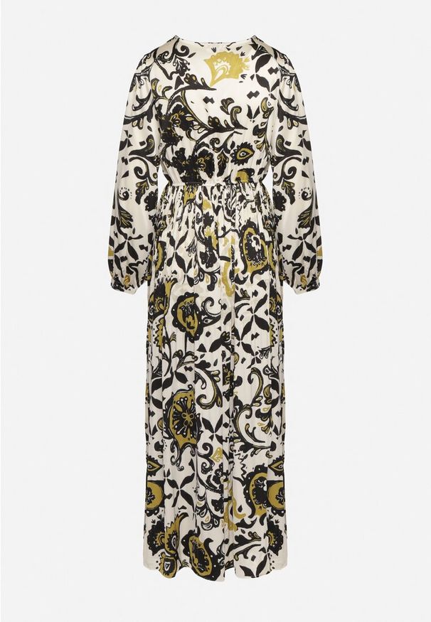 Born2be - Zielona Satynowa Sukienka Maxi w Ornamentalny Wzór z Gumką w Talii Lainare. Okazja: na co dzień. Kolor: zielony. Materiał: satyna. Typ sukienki: proste. Styl: casual. Długość: maxi