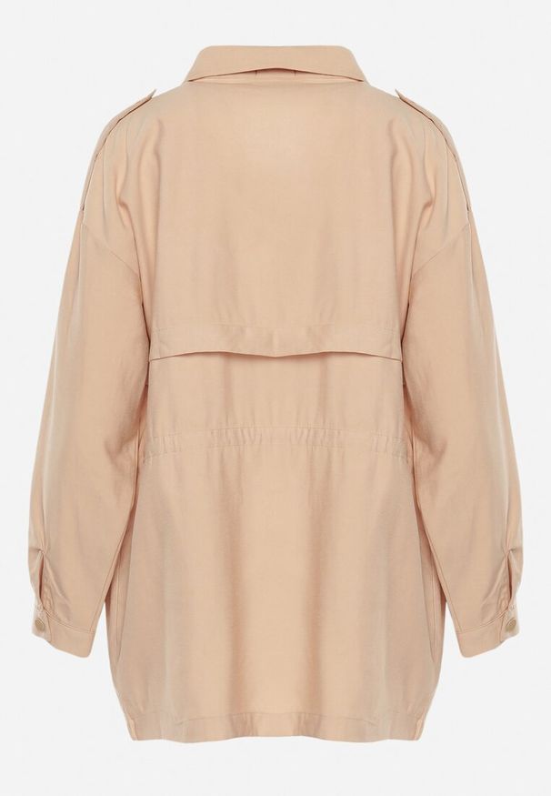 Born2be - Ciemnobeżowa Kurtka Parka z Bawełną Ściągana w Pasie Troczkiem Zapinana na Napy Velethra. Kolor: beżowy. Materiał: bawełna