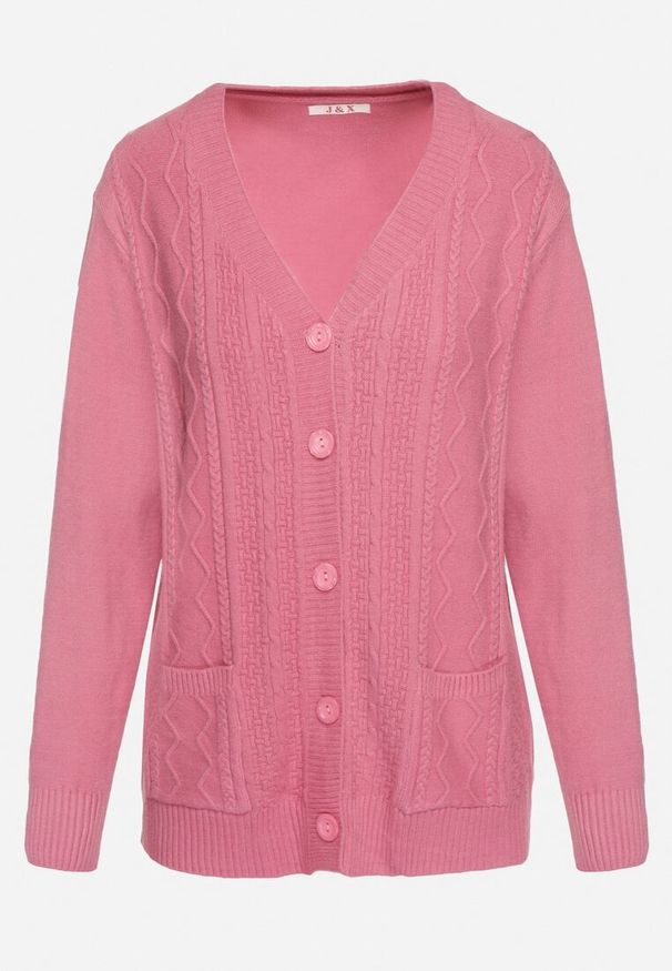 Born2be - Ciemnoróżowy Kardigan z Bawełną Kieszeniami i Tłoczeniami Mevalee. Okazja: na co dzień. Kolor: różowy. Materiał: bawełna. Długość rękawa: długi rękaw. Długość: długie. Wzór: aplikacja. Sezon: wiosna, jesień. Styl: elegancki, casual, klasyczny