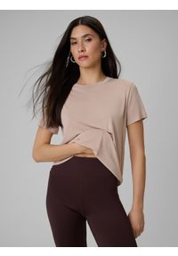 4f - 4F T-shirt regular gładki damski - beżowy S. Okazja: na co dzień. Kolor: beżowy. Materiał: dzianina, skóra, materiał. Wzór: gładki. Styl: casual #1