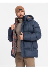Ombre Clothing - Kurtka męska puffer z podszewką w kratę – granatowa V1 - Rozmiar: S. Kolor: niebieski. Materiał: guma, poliester, materiał, bawełna, syntetyk, nylon. Długość: długie. Wzór: aplikacja