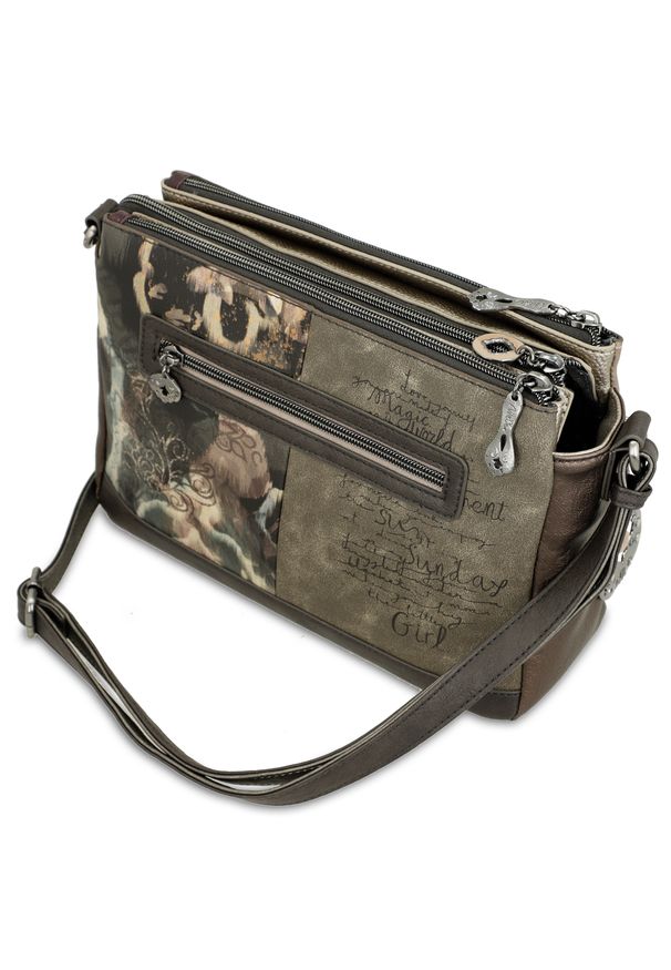 Torebka damska Anekke, mała we wzory z regulowanym paskiem zapinana na zamek, brązowa, 41703-184. Kolor: brązowy. Wzór: kwiaty, motyw z bajki, haft. Dodatki: z haftem, z breloczkiem. Styl: casual