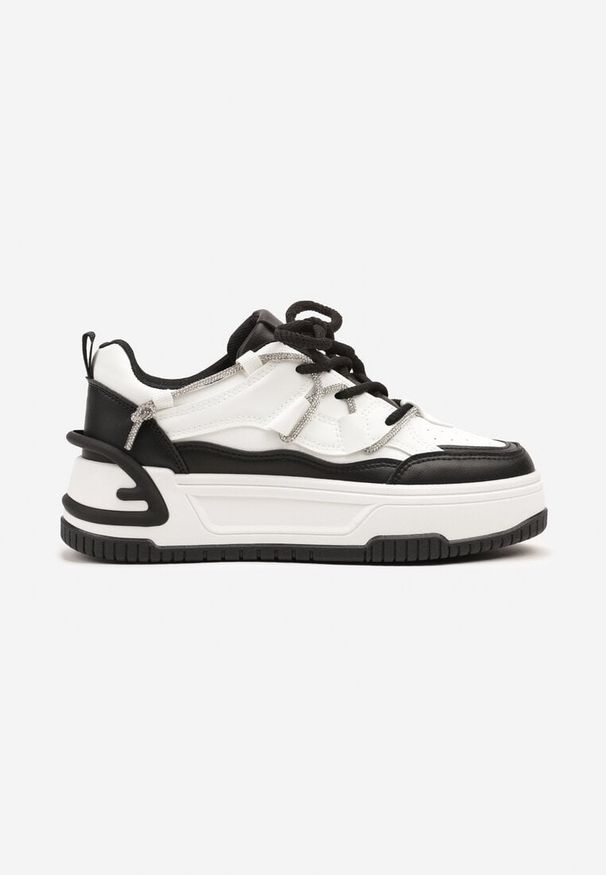 Renee - Biało-Czarne Sneakersy na Platformie z Paskiem z Cyrkonii Aneolin. Okazja: na co dzień. Zapięcie: pasek. Kolor: biały. Materiał: koronka, skóra. Wzór: aplikacja. Obcas: na platformie