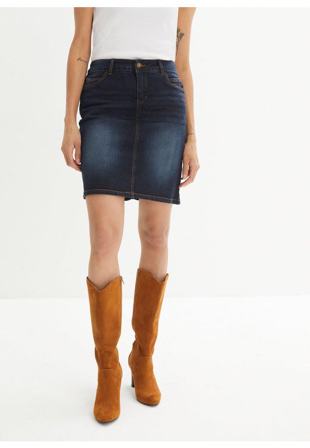 bonprix - Spódniczka dżinsowa ze stretchem. Kolor: niebieski