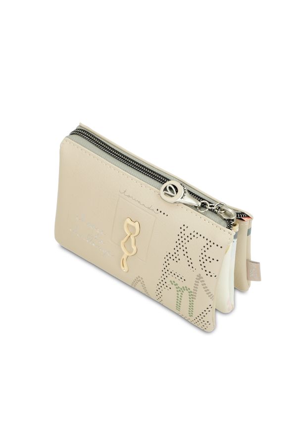 Beżowy Damski Portfel Anekke Z 3 Przegródkami. Kolor: beżowy. Wzór: aplikacja, kolorowy