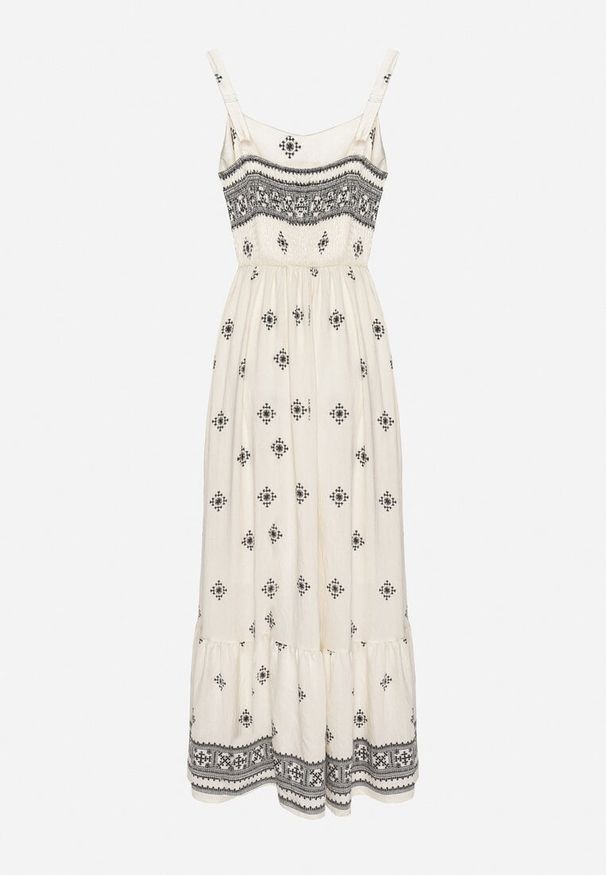 Born2be - Czarna Rozkloszowana Sukienka na Ramiączkach z Wiskozą w Etniczny Wzór Lealena. Okazja: na co dzień. Typ kołnierza: dekolt kwadratowy. Kolor: czarny. Materiał: wiskoza. Długość rękawa: na ramiączkach. Wzór: aplikacja. Typ sukienki: rozkloszowane. Styl: casual, elegancki