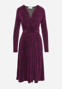 Born2be - Fioletowa Taliowana Sukienka z Wiskozą o Rozkloszowanym Kroju Zdobiona Metaliczną Nicią Mesinae. Okazja: na spotkanie biznesowe, do pracy. Typ kołnierza: dekolt w kształcie V. Kolor: fioletowy. Materiał: wiskoza. Długość rękawa: długi rękaw. Wzór: aplikacja. Typ sukienki: rozkloszowane. Styl: biznesowy, elegancki, glamour, wizytowy #4