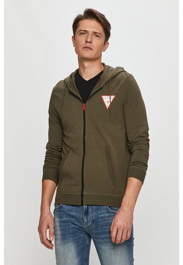 Guess - Bluza. Okazja: na co dzień. Typ kołnierza: kaptur. Kolor: zielony. Wzór: aplikacja. Styl: casual