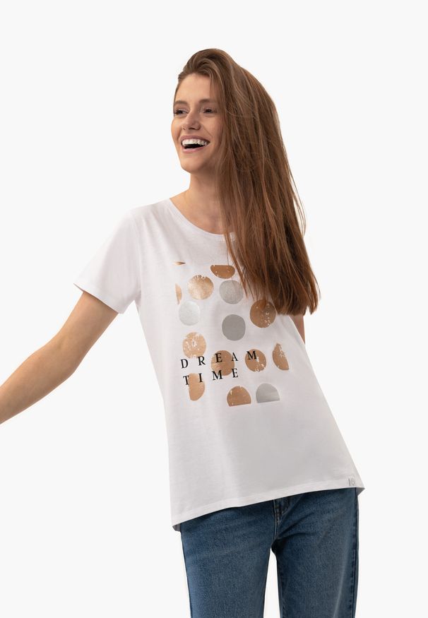 Volcano - Koszulka z błyszczącym nadrukiem T-NETTA. Kolor: biały. Materiał: skóra, bawełna, materiał. Długość rękawa: krótki rękaw. Długość: krótkie. Wzór: nadruk. Styl: glamour, klasyczny