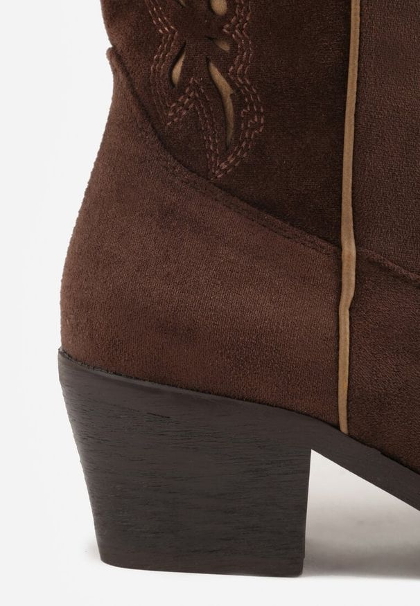 Renee - Brązowe Ażurowe Botki Kowbojki na Stożku z Imitacji Zamszu Hephiane. Kolor: brązowy. Materiał: zamsz. Wzór: ażurowy. Obcas: na stożku. Styl: boho. Wysokość obcasa: średni