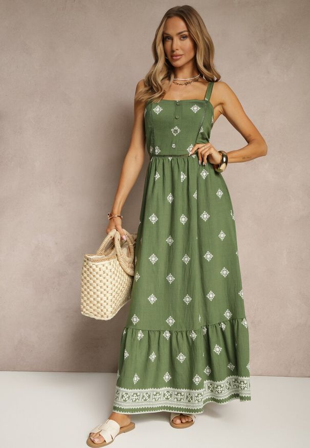 Renee - Zielona Sukienka z Wiskozą o Rozkloszowanym Kroju na Ramiączkach w Boho Print Leaella. Okazja: na co dzień. Typ kołnierza: dekolt kwadratowy. Kolor: zielony. Materiał: wiskoza. Długość rękawa: na ramiączkach. Wzór: nadruk. Typ sukienki: rozkloszowane. Styl: boho