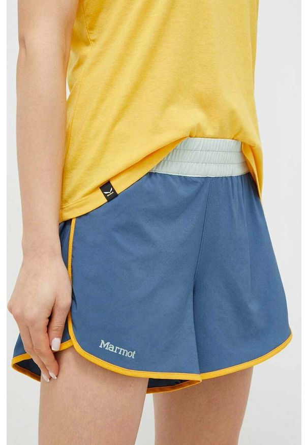 Marmot szorty outdoorowe Elda kolor niebieski gładkie medium waist. Kolor: niebieski. Materiał: tkanina, włókno, materiał. Wzór: gładki