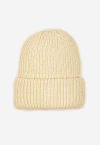 Renee - Beżowa Czapka Beanie z Wiskozą z Prążkowanego Materiału Ozdobiona Metaliczną Nicią Temitana. Kolor: beżowy. Materiał: materiał, prążkowany, wiskoza. Wzór: aplikacja. Styl: wizytowy, casual, elegancki #1