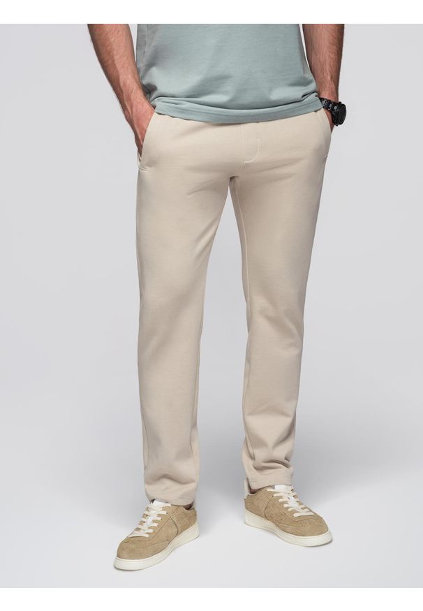 Ombre Clothing - Męskie spodnie dresowe z nogawką bez ściągacza - jasnobeżowe V1 - Rozmiar: S. Kolor: beżowy. Materiał: dresówka. Styl: sportowy