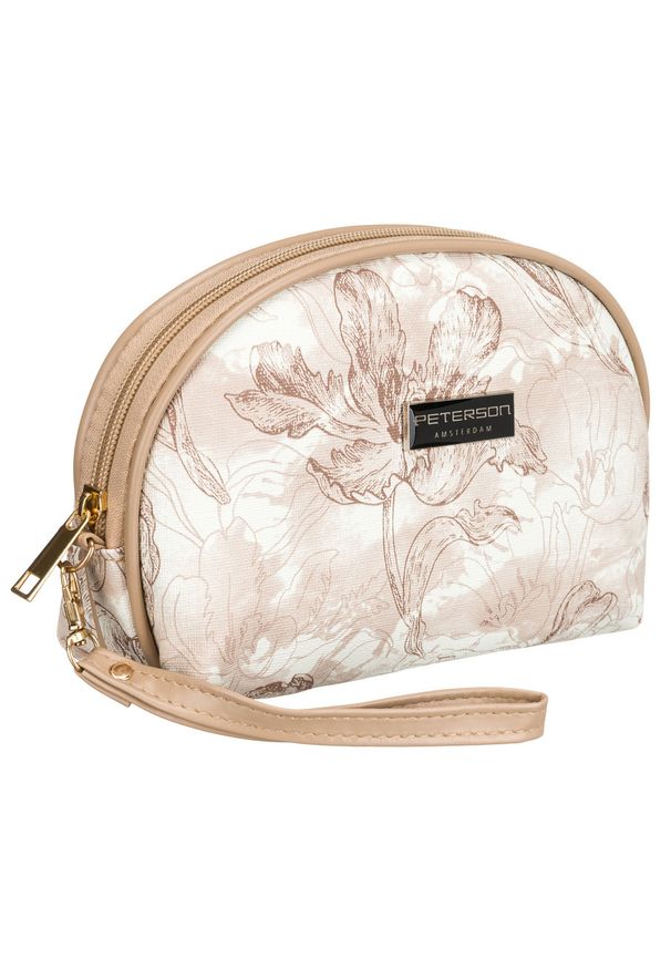Kompaktowa, beżowa kosmetyczka damska z botanicznym printem - Peterson. Kolor: beżowy. Wzór: nadruk