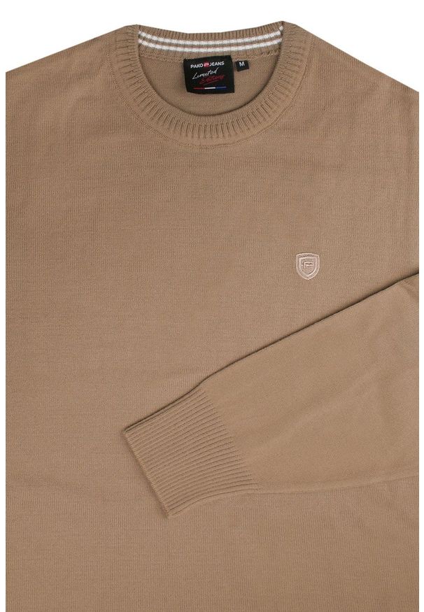 Klasyczny Wełniany Sweter, Okrągły Dekolt (U-Neck) - Pako Jeans - Beżowy. Okazja: na spotkanie biznesowe, do pracy. Kolor: wielokolorowy, beżowy, brązowy. Materiał: akryl, wełna. Styl: klasyczny